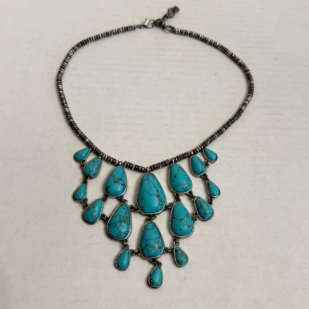 Lucky Brand Signed Faux Turquoise Stone Silver Tone Jewelry Chunky Boho Necklace - Picture 12 of 16